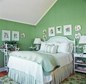 floral and botanical print plates and bright bedding and potted blooms make the space feel spring-inspired