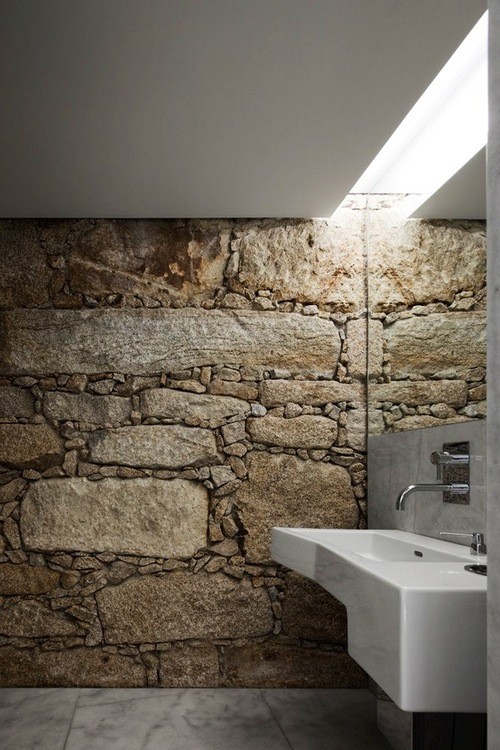 a bold contemproayr bathroom with rough stone walls and sleek minimalist appliances and a ceiling